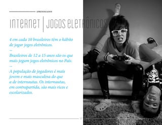 APRENDIZADOS
88
internet|jogoseletrônicos
4 em cada 10 brasileiros têm o hábito
de jogar jogos eletrônicos.
-
Brasileiros de 12 a 15 anos são os que
mais jogam jogos eletrônicos no País.
-
A população de jogadores é mais
jovem e mais masculina do que
a de internautas. Os internautas,
em contrapartida, são mais ricos e
escolarizados.
 