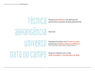 METODOLOGIA
técnica
abrangência
universo
datadocampo
Pesquisa quantitativa, com aplicação de
questionário em pontos de fluxo populacional.
Nacional.
População brasileira com 12 anos ou mais,
pertencente a todas as classes econômicas*.
* IBGE (Censo 2000 / Estimativa 2009): 150.580.367 habitantes.
Pesquisa realizada entre os dias
30 de novembro e 3 de dezembro de 2010.
4
 
