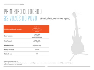 MÚSICA
primeirocolocado
asvozesdopovo
(ESPONTÂNEA E MÚLTIPLA)
Pergunta: Qual cantor/cantora ou banda que você mais tem ouvido? E quais outros cantores, cantoras ou bandas você mais tem ouvido? Quais mais? Mais algum?
Base: Total da amostra - Vide metodologia
Zezé Di Camargo & Luciano
25 a 59 anos
Classe C/D/E
Ens. Fundamental
Sudeste
Luan Santana
12 a 24 anos
Ens. Médio
Norte/Centro-Oeste
Ivete Sangalo
Classe A/B
Ens. Superior
Roberto Carlos 60 anos ou mais
Aviões do Forró Nordeste
Victor & Léo Sul
(Idade, classe, instrução e região)
93
 