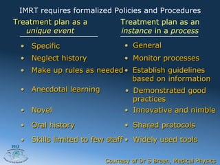 IMRT requires formalized Policies and Procedures
Treatment plan as a                 Treatment plan as an
   unique event                     instance in a process

       •  Specific                   •  General
       •  Neglect history            •  Monitor processes
       •  Make up rules as needed •  Establish guidelines
                                     based on information
       •  Anecdotal learning      •  Demonstrated good
                                     practices
       •  Novel                      •  Innovative and nimble

       •  Oral history               •  Shared protocols
       •  Skills limited to few staff •  Widely used tools
2012




                               Courtesy of Dr S Breen, Medical Physics
 