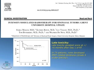Late toxicity:
       Late toxicity greatest score at =/
       >6 months after Day 1 of RT

       In 74 patients, none developed
       IMRT-related blindness (Grade 4
       ocular toxicity).
2012
 