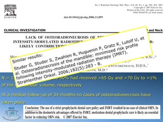 et
                                                                       tolf U,
                                                              tz K, Lu ofile
                                                       P , Gra risk pr
                                              ug uenin nimized      T ).
                    ults:            len R, H      : mi apy (IMR
                                               ible
            lar res            , Zwah e mand ion ther
      Simi               der S is of th          t
                                           radia 3 - 8.
                 G, Stu       ro s     ted
       St uder radionec -modula 2(5):28
               teo          ity        ;18
       a l. Os g intens ol. 2006
                 n
           llowi th 75% k
N = 176opatients, er On and 50% had received >65 Gy and >70 Gy to >1%
        f        en
         S trahl
of the mandibular volume, respectively

At a median follow-up of 34 months no cases of osteoradionecrosis have
taken place
   2012
 