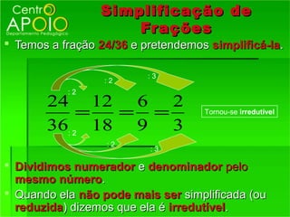 Simplificação de
                     Frações
 Temos a fração 24/36 e pretendemos simplificá-la.

                          :3
                  :2
           :2
       24 12 6 2
            =  = =                  Tornou-se irredutível

       36: 2 18 9 3
                  :2
                          :3

 Dividimos numerador e denominador pelo
  mesmo número.
 Quando ela não pode mais ser simplificada (ou
  reduzida) dizemos que ela é irredutível.
 