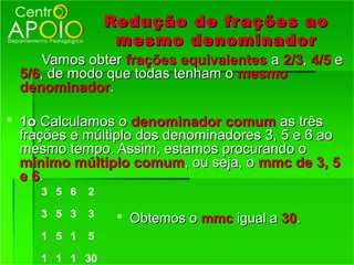 Redução de fr ações ao
                  mesmo denominador
     Vamos obter frações equivalentes a 2/3, 4/5 e
 5/6, de modo que todas tenham o mesmo
 denominador.

 1o Calculamos o denominador comum as três
  frações e múltiplo dos denominadores 3, 5 e 6 ao
  mesmo tempo. Assim, estamos procurando o
  mínimo múltiplo comum, ou seja, o mmc de 3, 5
  e 6.
     3 5 6   2

     3 5 3   3     Obtemos o mmc igual a 30.
     1 5 1   5

     1 1 1 30
 