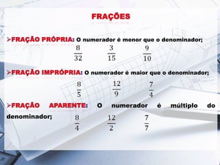 O numerador é menor que o denominador;

O numerador é maior que o denominador;

O
denominador;

numerador

é

múltiplo

do

 