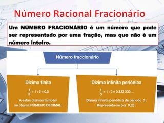 Um NÚMERO FRACIONÁRIO é um número que pode
ser representado por uma fração, mas que não é um
número inteiro.
 