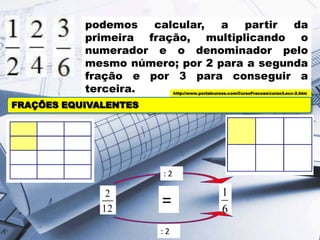 podemos calcular, a partir da
primeira fração, multiplicando o
numerador e o denominador pelo
mesmo número; por 2 para a segunda
fração e por 3 para conseguir a
terceira. http://www.portalcursos.com/CursoFracoes/curso/Lecc-2.htm
FRAÇÕES EQUIVALENTES
12
2
6
1
: 2
: 2
=
 