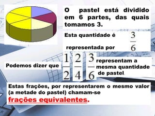 O
pastel está dividido
em 6 partes, das quais
tomamos 3.
Esta quantidade é
representada por
Podemos dizer que

representam a
mesma quantidade
de pastel.

Estas frações, por representarem o mesmo valor
(a metade do pastel) chamam-se

frações equivalentes.

 
