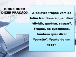 O QUE QUER
DIZER FRAÇÃO?

A palavra fração vem do
latim fractione e quer dizer
“dividir, quebrar, rasgar”.
Fração, no quotidiano,

também quer dizer
“porção”, “parte de um
todo”.

 