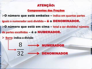 Componentes das Frações

O número que está embaixo – indica em quantas partes

iguais o numerador será dividido – é o

.

O número que está em cima – total a ser dividido/ número

de partes escolhidas – é o
Barra: indica a divisão

 