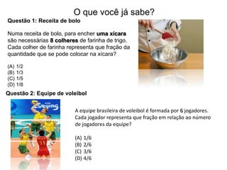 O que você já sabe?
Questão 1: Receita de bolo
Numa receita de bolo, para encher uma xícara
são necessárias 8 colheres de farinha de trigo.
Cada colher de farinha representa que fração da
quantidade que se pode colocar na xícara?
(A) 1/2
(B) 1/3
(C) 1/5
(D) 1/8
A equipe brasileira de voleibol é formada por 6 jogadores.
Cada jogador representa que fração em relação ao número
de jogadores da equipe?
(A) 1/6
(B) 2/6
(C) 3/6
(D) 4/6
Questão 2: Equipe de voleibol
 