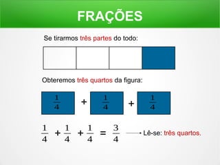 FRAÇÕES 
Se tirarmos três partes do todo: 
Obteremos três quartos da figura: 
Lê-se: três quartos. 
1 
4 + 1 
4 
1 
4 + 1 
4 = 3 
4 
+ 1 
4 
+ 1 
4 
 