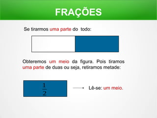FRAÇÕES 
Se tirarmos uma parte do todo: 
Obteremos um meio da figura. Pois tiramos 
uma parte de duas ou seja, retiramos metade: 
1 Lê-se: um meio. 
2 
 