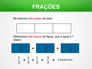 FRAÇÕES 
Se tirarmos três partes do todo: 
Obteremos três terços da figura, que é igual á 1 
inteiro: 
1 
3 
1 
3 + 
1 
3 + 1 
3 = 3 
3 
1 
3 + 
+ 1 
3 = 1inteiro 
 
