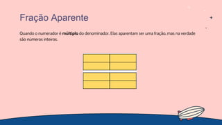 Quando o numerador é múltiplo do denominador. Elas aparentam ser uma fração, mas na verdade
são números inteiros.
Fração Aparente
 