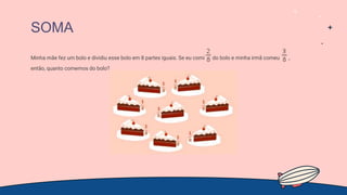 SOMA
Minha mãe fez um bolo e dividiu esse bolo em 8 partes iguais. Se eu comi do bolo e minha irmã comeu ,
então, quanto comemos do bolo?
 