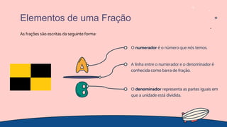 As frações são escritas da seguinte forma:
O numerador é o número que nós temos.
O denominador representa as partes iguais em
que a unidade está dividida.
A linha entre o numerador e o denominador é
conhecida como barra de fração.
Elementos de uma Fração
 
