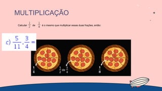 MULTIPLICAÇÃO
Calcular de é o mesmo que multiplicar essas duas frações, então:
 