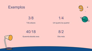 Exemplos
3/8
Três oitavos
1/4
Um quarto (ou quarto)
40/18
Quarenta dezoito avos
8/2
Oito meio
 