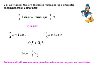 E se as fracções tiverem diferentes numeradores e diferentes denominadores? Como fazer? é maior ou menor que  ? É fácil !!! Logo Podemos dividir o numerador pelo denominador e comparar os resultados. 