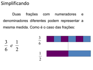 Simplificando
Duas frações com numeradores e
denominadores diferentes podem representar a
mesma medida. Como é o caso das frações:
.3.
2
1
6
3
e
2
1
6
3
 