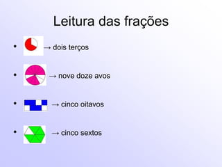 Leitura das frações-> dois terços-> nove doze avos-> cinco oitavos-> cinco sextos