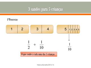 1ºProcesso

   1 1       22              3
                             3            4
                                          4             5   1 2 3 4 5




                    1             1
                                                             1
                    2            10                         10
             O que coube a cada uma das 5 crianças


                              Helena Borralho/2012-13
 