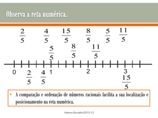 2            4         15                8        5   11
     5            5          5                5        5    5
                      5           8               11
                      5           5                5

 0       2       4 1                          2               3
                                                             15
         5       5
                                                              5
• A comparação e ordenação de números racionais facilita a sua localização e
  posicionamento na reta numérica.
                             Helena Borralho/2012-13
 