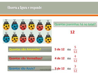 Quantas joaninhas há no total?

                                                  12


Quantas são Amarelas?                  5 de 12 ou

Quantas são Vermelhas?                 4 de 12 ou


Quantas são Azuis?                     3 de 12 ou
                     Helena Borralho/2012-13
 