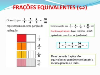 FRAÇÕES EQUIVALENTES () 
Duas ou mais frações são 
equivalentes quando representam a 
mesma porção do todo. 
 