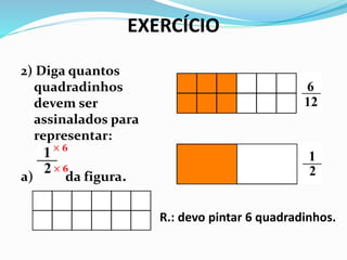 EXERCÍCIO 
2) Diga quantos 
quadradinhos 
devem ser 
assinalados para 
representar: 
a) da figura. 
R.: devo pintar 6 quadradinhos. 
 