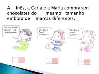A Inês, a Carla e a Maria compraram
chocolates do    mesmo tamanho
embora de marcas diferentes.
 