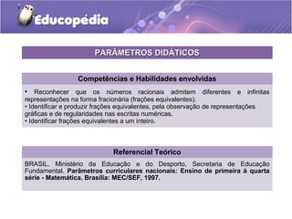 PPAARRÂÂMMEETTRROOSS DDIIDDÁÁTTIICCOOSS 
Competências e Habilidades envolvidas 
• Reconhecer que os números racionais admitem diferentes e infinitas 
representações na forma fracionária (frações equivalentes). 
• Identificar e produzir frações equivalentes, pela observação de representações 
gráficas e de regularidades nas escritas numéricas. 
• Identificar frações equivalentes a um inteiro. 
Referencial Teórico 
BRASIL. Ministério da Educação e do Desporto, Secretaria de Educação 
Fundamental. Parâmetros curriculares nacionais: Ensino de primeira à quarta 
série - Matemática. Brasília: MEC/SEF, 1997. 
 