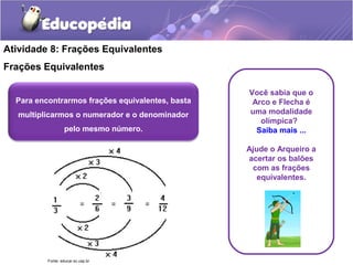 Atividade 8: Frações Equivalentes 
Frações Equivalentes 
Para encontrarmos frações equivalentes, basta 
multiplicarmos o numerador e o denominador 
pelo mesmo número. 
Você sabia que o 
Arco e Flecha é 
uma modalidade 
olímpica? 
Saiba mais ... 
Ajude o Arqueiro a 
acertar os balões 
com as frações 
equivalentes. 
Fonte: educar.sc.usp.br 
 