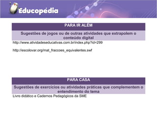 PARA IR ALÉM 
Sugestões de jogos ou de outras atividades que extrapolem o 
conteúdo digital 
http://www.atividadeseducativas.com.br/index.php?id=299 
http://escolovar.org/mat_fraccoes_equivalentes.swf 
PARA CASA 
Sugestões de exercícios ou atividades práticas que complementem o 
entendimento do tema 
Livro didático e Cadernos Pedagógicos da SME 

