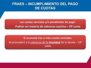 FRAES – INCUMPLIMIENTO DEL PAGO
DE CUOTAS
Si acumula tres o más cuotas vencidas:
Se procederá a la cobranza de la totalidad de la deuda – OP
saldo
Las cuotas vencidas y/o pendientes de pago:
Podrán ser materia de cobranza coactiva – OP cuota
 