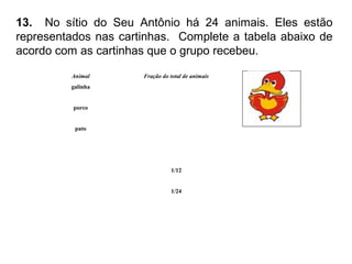 13. No sítio do Seu Antônio há 24 animais. Eles estão
representados nas cartinhas. Complete a tabela abaixo de
acordo com as cartinhas que o grupo recebeu.
Animal Fração do total de animais
galinha
porco
pato
1/12
1/24
 