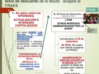 Bono de descuento de la deuda acogida al
FRAES
Art. 7° DL 1257
31
1.- Se aplica sobre los
INTERESES,
ACTUALIZACIÓN E
INTERESES
CAPITALIZADOS
así como SOBRE LAS
MULTAS Y SUS
RESPECTIVOS
INTERESES,
actualización e intereses
capitalizados contenidos
en la deuda materia del
FRAES
CONSIDERANDO LA
EXTINCIÓN PREVISTA
EN EL
ARTÍCULO 11,
dependiendo de la
modalidad de pago
elegida.
2.- El bono de descuento se
determina en función
del rango de la totalidad de las deudas tributarias
y POR
OTROS INGRESOS
ADMINISTRADOS POR LA
SUNAT
actualizados al 30 de
setiembre
de 2016, del sujeto
que solicite acogerse
al FRAES,
considerando la
extinción prevista en
el artículo 11 aun
cuando no todas las
deudas sean materia
de
Siguiente
Diapo
FRAE
S
 