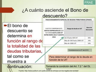 ¿A cuánto asciende el Bono de
descuento?
El bono de
descuento se
determina en
función al rango de
la totalidad de las
deudas tributarias,
tal como se
muestra a
continuación:
Fuente: http://www.auditum.com.pe/la-sunat-se-anticipa-con-los-regalos-de-navidad/
Tomando la condición del Art. 7.2 ° del DL
1257.
Consideremos la UIT del 2016
Para determinar el rango de la deuda en
función de la UIT
FRAE
S
 