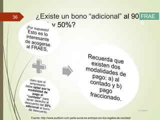 ¿Existe un bono “adicional” al 90%,
70% y 50%?
11/12/2017
36
Fuente: http://www.auditum.com.pe/la-sunat-se-anticipa-con-los-regalos-de-navidad/
FRAE
S
 