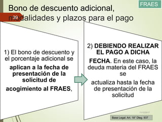 Bono de descuento adicional,
modalidades y plazos para el pago
1) El bono de descuento y
el porcentaje adicional se
aplican a la fecha de
presentación de la
solicitud de
acogimiento al FRAES,
2) DEBIENDO REALIZAR
EL PAGO A DICHA
FECHA. En este caso, la
deuda materia del FRAES
se
actualiza hasta la fecha
de presentación de la
solicitud
11/12/2017
39
FRAES
Base Legal. Art. 18° Dleg. 937
 