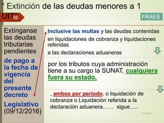 “ Extinción de las deudas menores a 1
UIT”
Extínganse
las deudas
tributarias
pendientes
de pago a
la fecha de
vigencia
del
presente
decreto
Legislativo
(09/12/2016)
Inclusive las multas y las deudas contenidas
en liquidaciones de cobranza y liquidaciones
referidas
a las declaraciones aduaneras
por los tributos cuya administración
tiene a su cargo la SUNAT, cualquiera
fuera su estado,
11/12/2017
56 FRAES
, ambos por período, o liquidación de
cobranza o Liquidación referida a la
declaración aduanera…… sigue…..
 