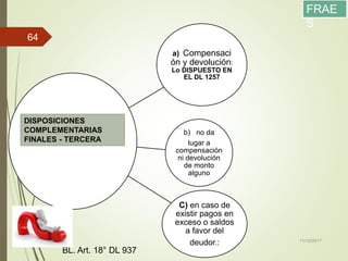 a) Compensaci
ón y devolución:
Lo DISPUESTO EN
EL DL 1257
b) no da
lugar a
compensación
ni devolución
de monto
alguno
C) en caso de
existir pagos en
exceso o saldos
a favor del
deudor.: 11/12/2017
64
DISPOSICIONES
COMPLEMENTARIAS
FINALES - TERCERA
BL. Art. 18° DL 937
FRAE
S
 