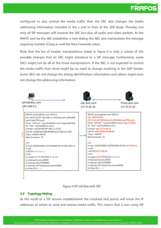 configured to also control the media traffic then the SBC also changes the media
addressing information included in the c and m lines of the SDP body. Thereby, not
only all SIP messages will traverse the SBC but also all audio and video packets. As the
INVITE sent by the SBC establishes a new dialog, the SBC also manipulates the message
sequence number (CSeq) as well the Max-Forwards value.
Note that the list of header manipulations listed in Figure 4 is only a subset of the
possible changes that an SBC might introduce to a SIP message. Furthermore, some
SBCs might not do all of the listed manipulations. If the SBC is not expected to control
the media traffic then there might be no need to change anything in the SDP header.
Some SBCs do not change the dialog identification information and others might even
not change the addressing information.

Figure 4 SIP call flow with SBC
3.3

Topology Hiding

As the result of a SIP session establishment the involved end points will know the IP
addresses of where to send and receive media traffic. This means that a user using SIP

 