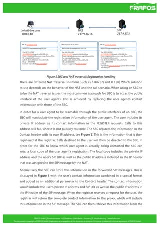 Figure 5 SBC and NAT traversal: Registration handling
There are different NAT traversal solutions such as STUN [7] and ICE [8]. Which solution
to use depends on the behavior of the NAT and the call scenario. When using an SBC to
solve the NAT traversal issues the most common approach for SBC is to act as the public
interface of the user agents. This is achieved by replacing the user agent’s contact
information with those of the SBC.
In order for a user agent to be reachable through the public interfaces of an SBC, the
SBC will manipulate the registration information of the user agent. The user includes its
private IP address as its contact information in the REGISTER requests. Calls to this
address will fail, since it is not publicly routable. The SBC replaces the information in the
Contact header with its own IP address, see Figure 5. This is the information that is then
registered at the registrar. Calls destined to the user will then be directed to the SBC. In
order for the SBC to know which user agent is actually being contacted the SBC can
keep a local copy of the user agent’s registration. The local copy includes the private IP
address and the user’s SIP URI as well as the public IP address included in the IP header
that was assigned to the SIP message by the NAT.
Alternatively the SBC can store this information in the forwarded SIP messages. This is
displayed in Figure 5 with the user’s contact information combined in a special format
and added as an additional parameter to the Contact header. The contact information
would include the user’s private IP address and SIP URI as well as the public IP address in
the IP header of the SIP message. When the registrar receives a request for the user, the
registrar will return the complete contact information to the proxy, which will include
this information in the SIP message. The SBC can then retrieve this information from the

 