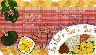 Pequi é fruta
famosa da região
do cerrado.
Comem com arroz e feijão
e com frango desfiado.
 