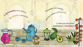 do cacau: o chocolate.
E sabia que são frutas
azeitona e tomate?
Misturado com sorvete,
dá
b
om
creme o abacate.	
D
a
groselha: bom refresco,
 