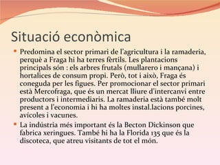 Situació econòmica
 Predomina el sector primari de l’agricultura i la ramaderia,
  perquè a Fraga hi ha terres fèrtils. Les plantacions
  principals són : els arbres frutals (mullarero i mançana) i
  hortalices de consum propi. Però, tot i això, Fraga és
  coneguda per les figues. Per promocionar el sector primari
  està Mercofraga, que és un mercat lliure d’intercanvi entre
  productors i intermediaris. La ramaderia està també molt
  present a l’economia i hi ha moltes instal.lacions porcines,
  avícoles i vacunes.
 La indústria més important és la Becton Dickinson que
  fabrica xeringues. També hi ha la Florida 135 que és la
  discoteca, que atreu visitants de tot el món.
 