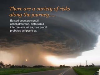 Eu sed debet persecuti
concludaturque, dicta simul
interpretaris vel ea, has eruditi
probatus scripserit ex.
There are a variety of risks
along the journey…..
 