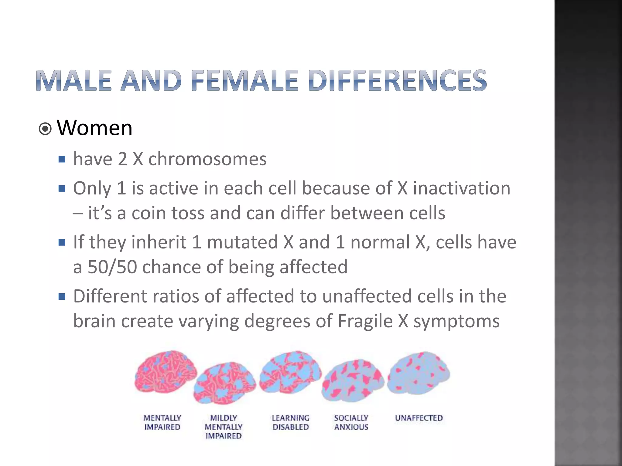  Women
 have 2 X chromosomes
 Only 1 is active in each cell because of X inactivation
– it’s a coin toss and can differ between cells
 If they inherit 1 mutated X and 1 normal X, cells have
a 50/50 chance of being affected
 Different ratios of affected to unaffected cells in the
brain create varying degrees of Fragile X symptoms
 